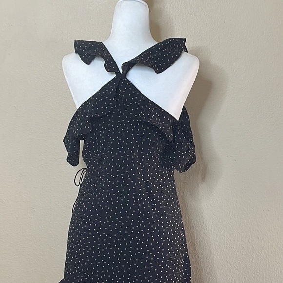 SAYLOR Black Beige Polka Dot V Neck Ruffle Sleeveless Midi Dress Size Medium - Picture 5 of 8